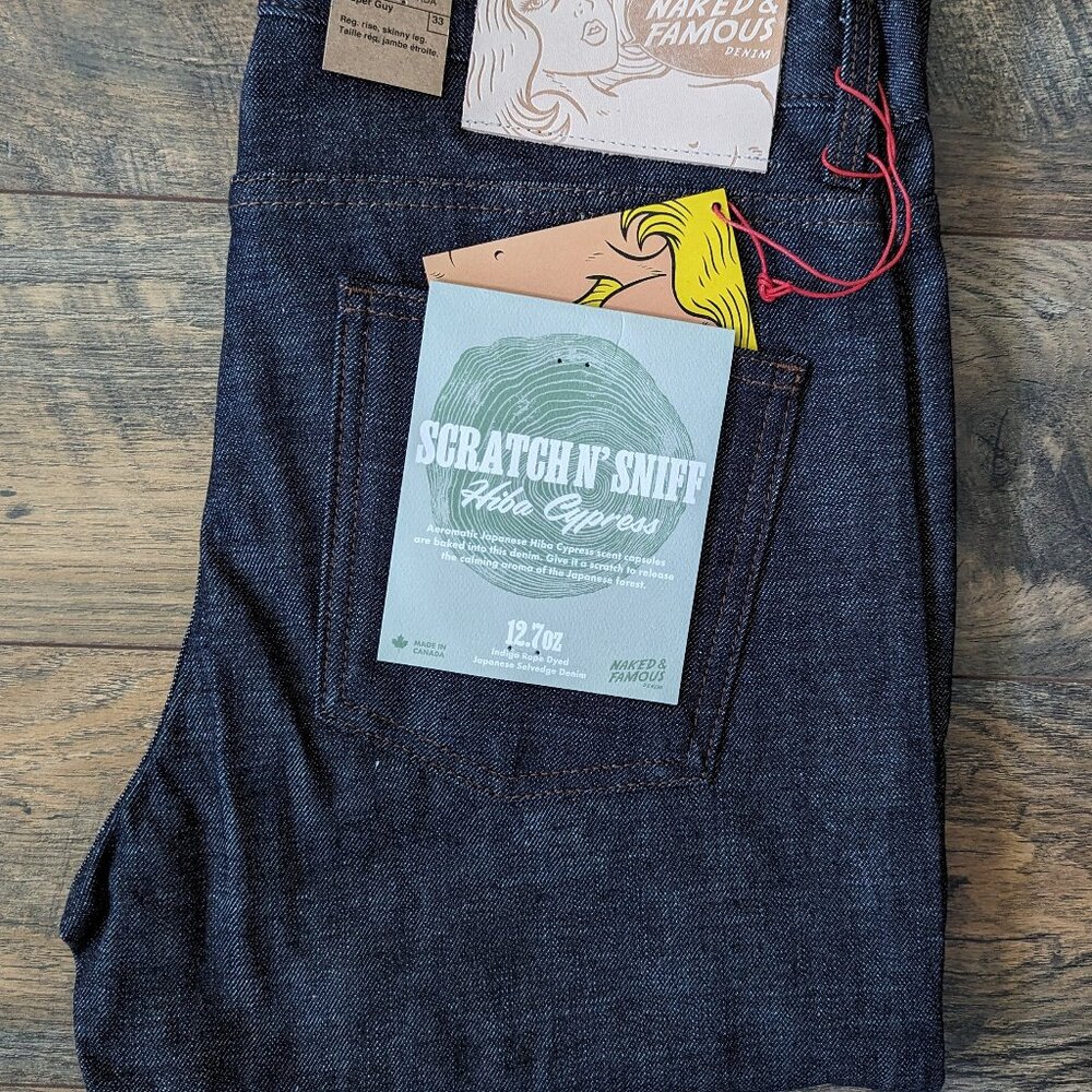 NWT - NAKED & FAMOUS - Super Guy - Scratch-n-Sniff - Hiba Cypress